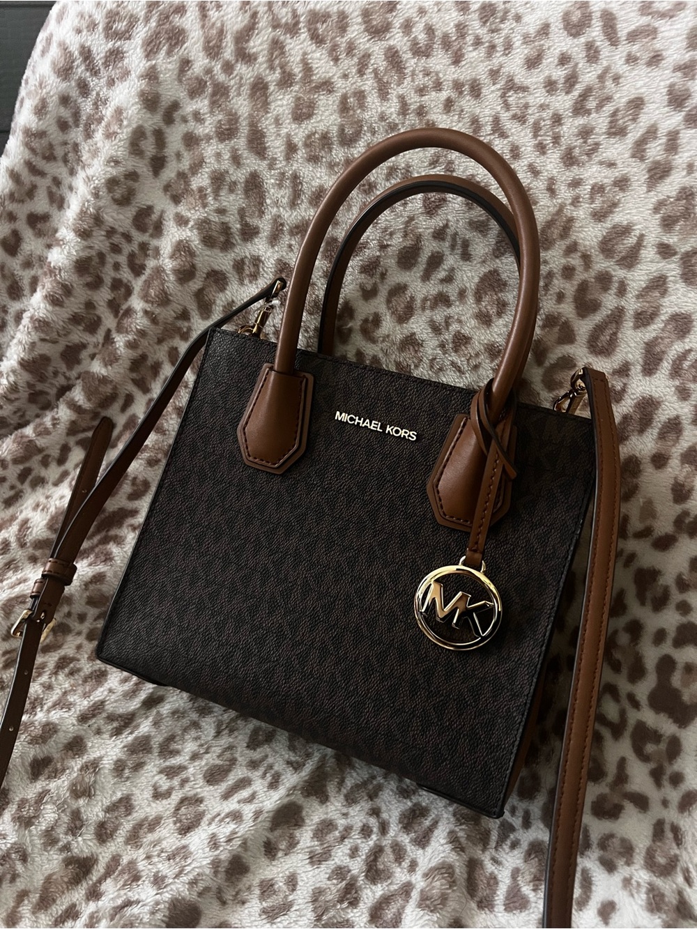 Michael Kors Brown and Tan MK Logo Monogram Satchel